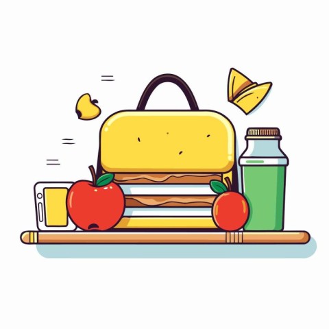 School bag with apple and juice in flat style. Vector illustrati