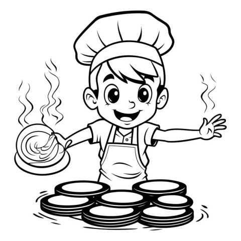 Black and White Cartoon Illustration of Little Boy Chef with Sta