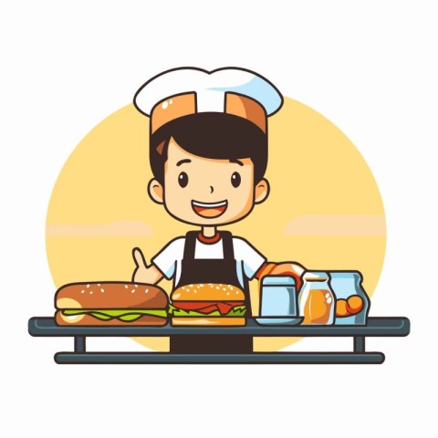 cute boy chef with hamburger and vegetables vector illustration