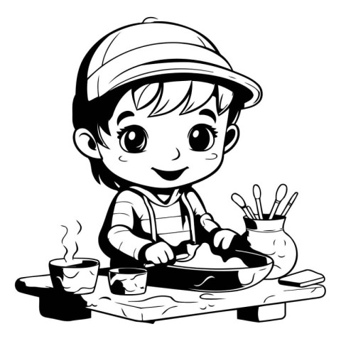 Cute Little Boy Cooking Sushi - Black and White Cartoon Illustra