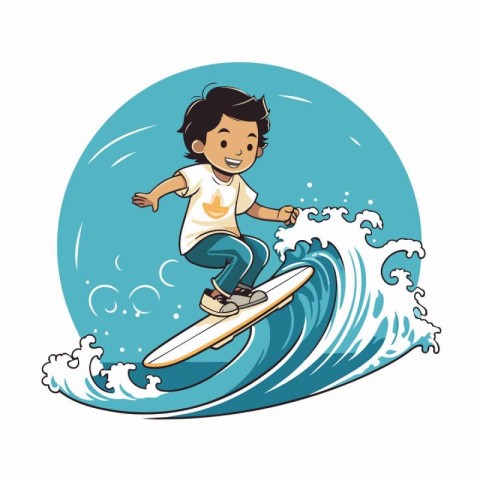 Boy riding a surfboard on the wave. Vector illustration in carto