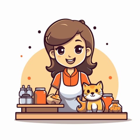 Girl with cat in the kitchen. Cute cartoon vector illustration.