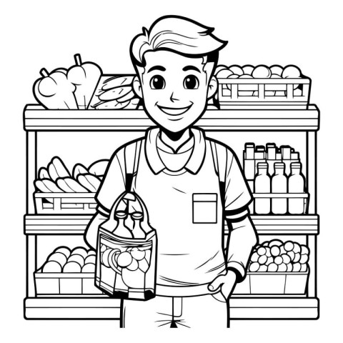 Supermarket Man With Groceries Shop Black And White Vector Illus