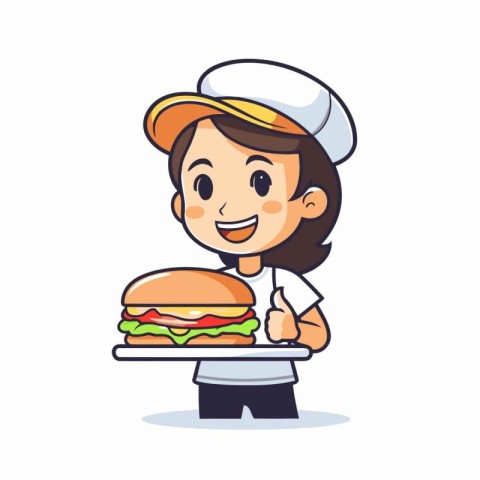 Cute chef holding a plate with hamburger. vector illustration.