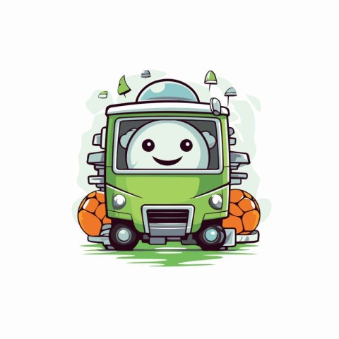 Cute cartoon green truck with a soccer ball. Vector illustration