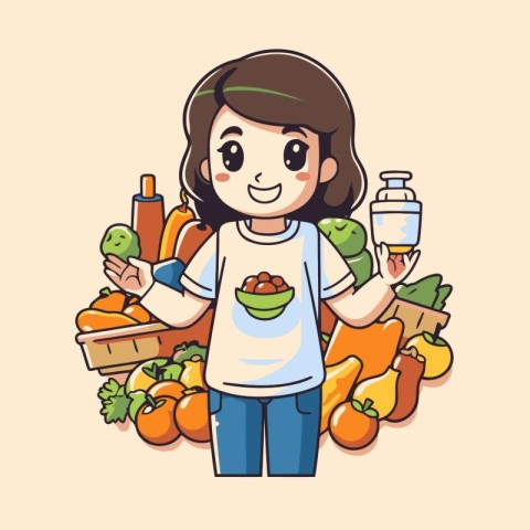 Cute girl with fruits and vegetables. Vector illustration in car