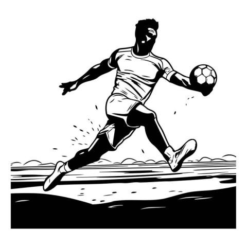 Soccer player kicking the ball. Black and white vector illustrat