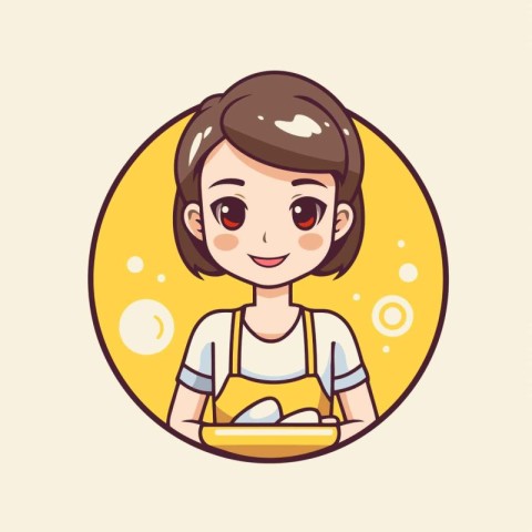 Cute cartoon girl in apron holding plate. Vector illustration.