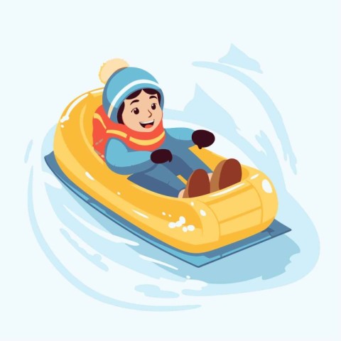 Little girl sliding on an inflatable snow tube. Cartoon vector i