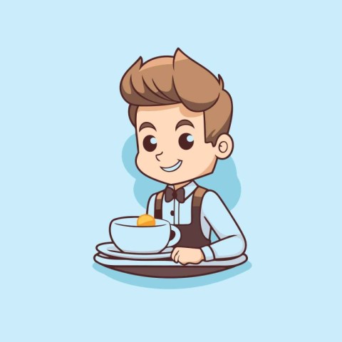 Cute cartoon boy with a plate of food. Vector illustration.