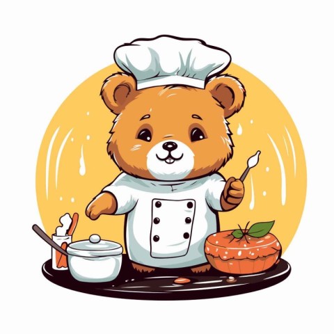 Cute cartoon bear chef with a spoon in his hand. Vector illustra