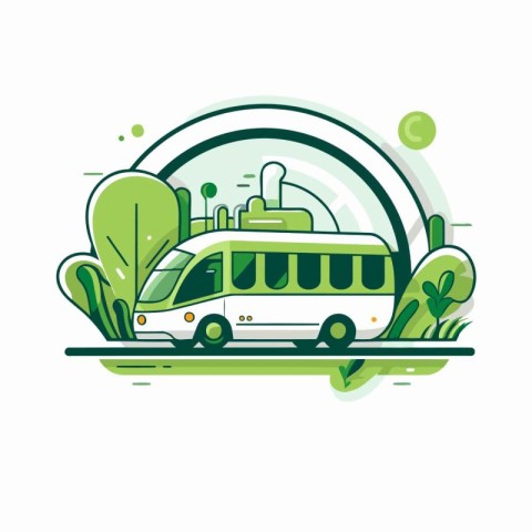 Line art vector illustration of a bus in a circle with trees and