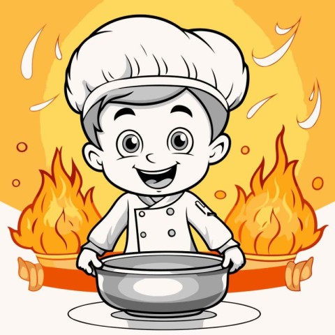 Cartoon illustration of a chef with a pan on a fire background