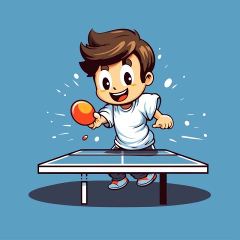 Cartoon boy playing table tennis on a blue background. Vector il