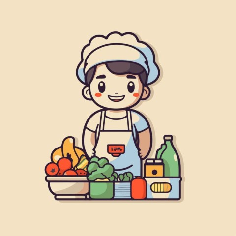 Cute cartoon boy in chef hat and apron. Vector illustration.