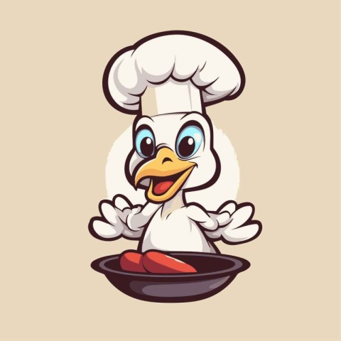 Vector illustration of a cartoon chicken chef in a hat and a pan