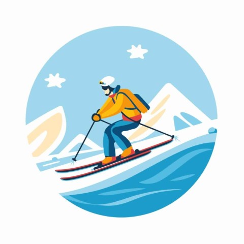 Skier skiing in the mountains. Vector illustration in flat style