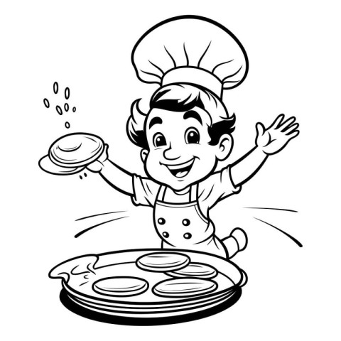 Black and White Cartoon Illustration of Little Boy Chef Cooking