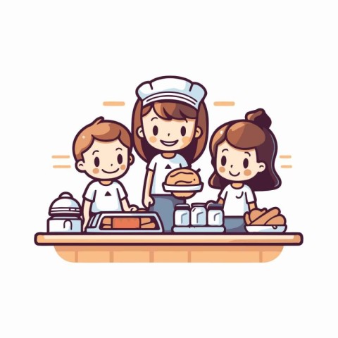 Cute cartoon family cooking together in the kitchen. Vector illu