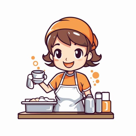 Cute little girl baking in the kitchen cartoon vector illustrati