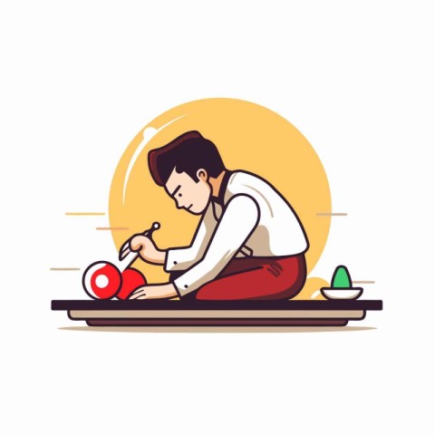 Japanese sushi chef cutting sushi roll. Vector illustration in c