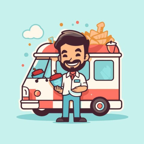 Courier with fast food truck. Vector illustration in cartoon sty