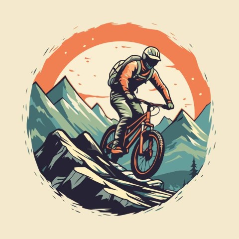 Mountain biker rides on the mountain in the mountains. vector il