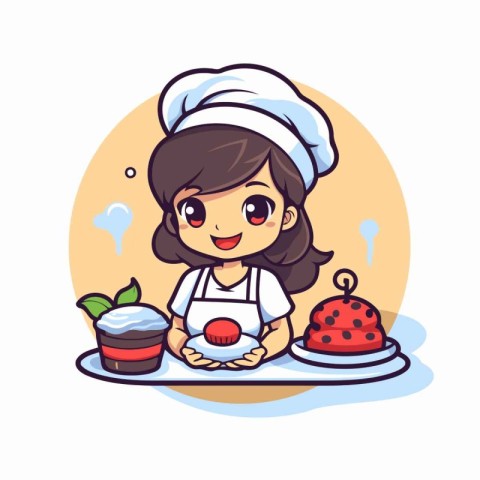 Cute little chef girl with cake and cupcake. Vector illustration