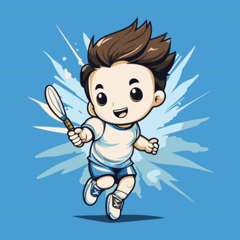 Cartoon badminton player running with racket and ball. Vector il