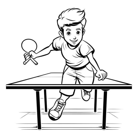 Black and White Cartoon Illustration of Kid Playing Table Tennis