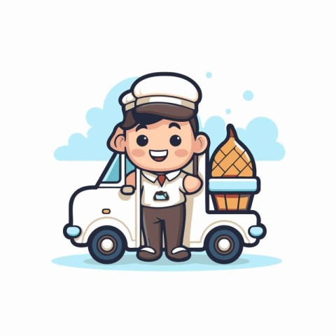 Sailor driving a truck with ice cream. Vector illustration.