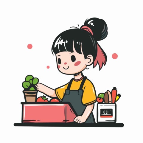 Cute little girl cooking in the kitchen. Vector illustration in