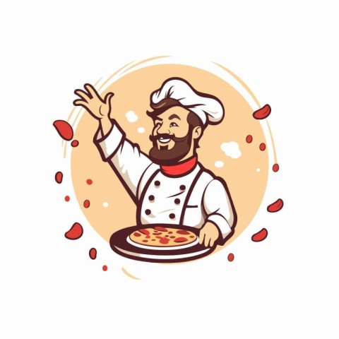 Chef with pizza. Vector illustration. Isolated on white backgrou