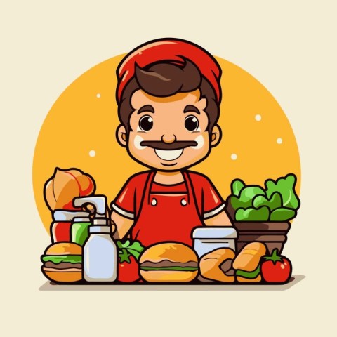 Cartoon man cooking food. Vector illustration in a flat style.