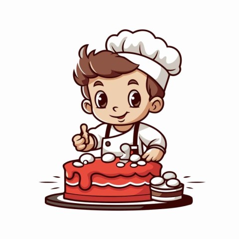 Cute boy chef with cake isolated on white background. Vector ill