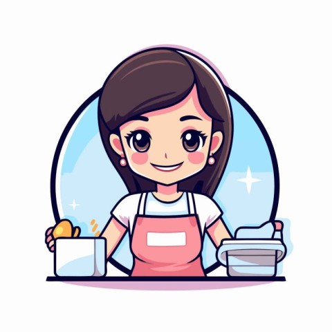 Cute little girl baking in the kitchen. Vector cartoon illustrat