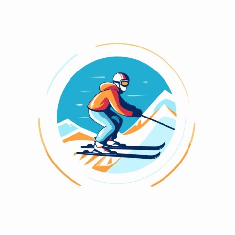 Ski resort emblem with skier in helmet and goggles. Vector illus