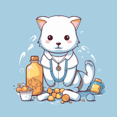 Cute cat with pills and a bottle of medicine. Vector illustratio