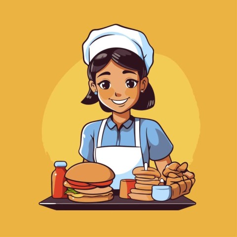 young woman chef with hamburger and french fries vector illustra