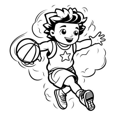 Black and White Cartoon Illustration of a Kid Boy Playing Basket