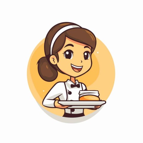 Cute girl chef holding plate with food. cartoon vector illustrat