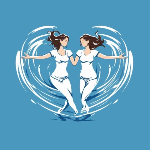 Two girls dancing on the background of a wave. Vector illustrati