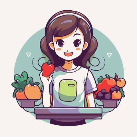 Cute girl in apron with fruits and vegetables. Vector illustrati