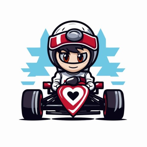 Vector illustration of Cute cartoon kart racer with heart shape.