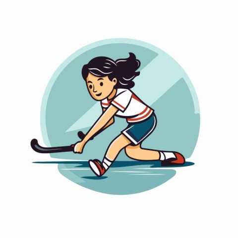 Cute girl hockey player with stick and puck. Vector illustration