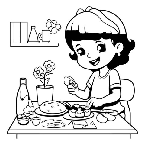 Girl having breakfast at the table. Black and white vector illus