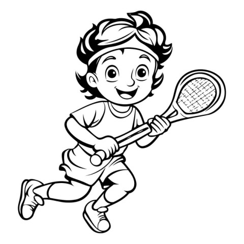 Cartoon Illustration of Little Boy Playing Tennis Sport Coloring