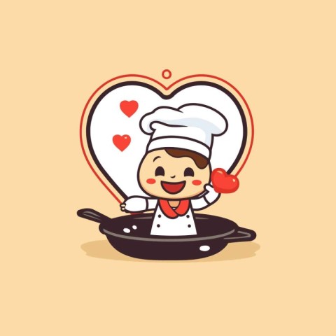 Chef cooking with love heart cartoon vector illustration. Flat d
