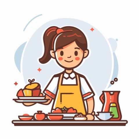 Cute little girl in apron cooking food. Vector illustration.