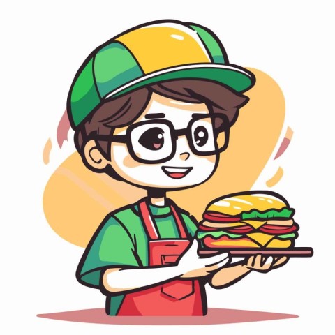 Illustration of a Kid Boy Holding a Burger and Chefs Hat